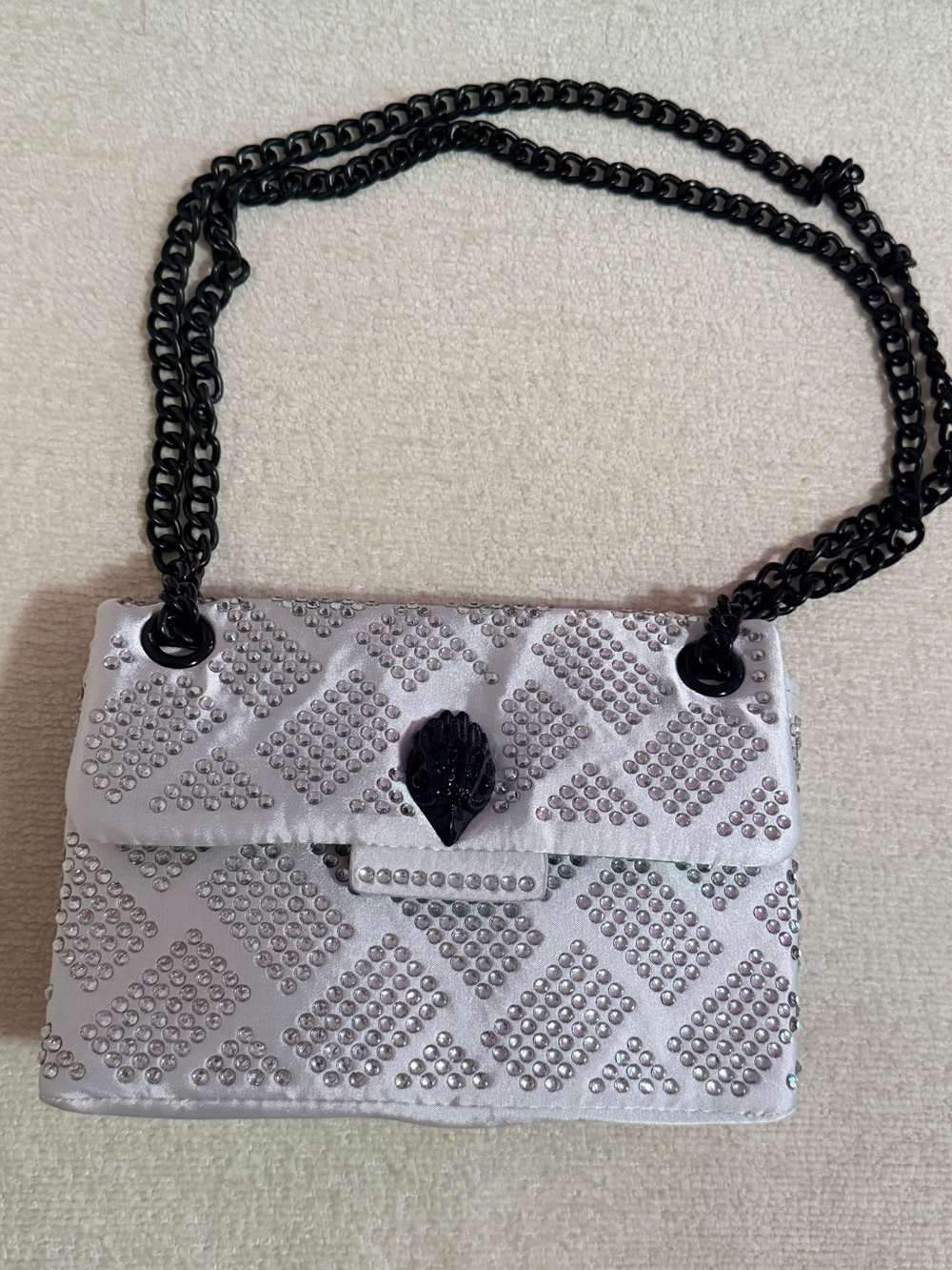 Kurt Geiger Silver Crystal-Embellished Crossbody Bag with Black Chain